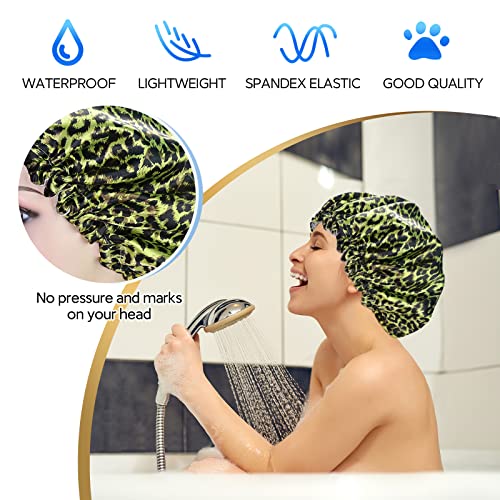 Fishent Adjustable Shower Cap, Large Reusable Shower Caps for Women Long Hair, Double Layer Waterproof Hair Cap, Adult Bathing Cap Shower Hat for Hair Protecton - color: Green Leopard, size: X-Large