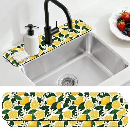 2 Pcs Kitchen Sink Splash Guard Faucet Mat Lemon Flowers and Leaves Pattern Faucet Mat for Sinks Flower Absorbing Drying Mats for Kitchen Bathroom - color: Lemon and Leves