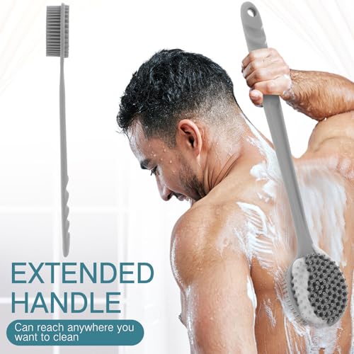Sunnyray 2 Pack Silicone Back Scrubber for Shower with 15" Long Handle Double-Sided Bath Body Brush for Exfoliating Easy to Clean Quick Dry Deep Cleaning Lathers Well(Grey) - color: Grey