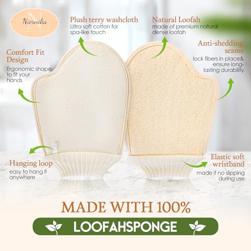 Natural Loofah Bath Mitts, 100% Plant-Based Loofah Gloves for Women and Men,Dye-Free,for face and Body-2 Count
