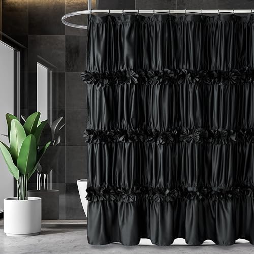 Homechoice Decor Black Ruffle Shower Curtain, Vintage Handcrafted Bow Tie Bath Curtain for Master Bathroom, Ruched Satin Bathroom Curtain with 12 Buttonholes, 72" W x 84" H (LQ-10) - color: Black, size: 72"W x 84"L (Each Curtain)
