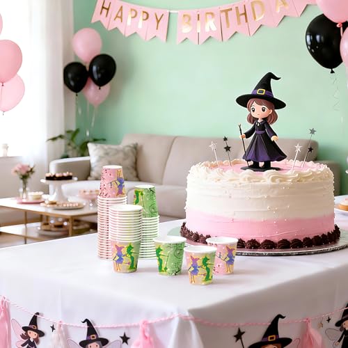 WRAPAHOLIC 3oz Witch Birthday Paper Cups - 100 Pack Disposable Bathroom Cups with Magic Witch Design, Small Mouthwash Cup for Toothbrush Rinse, Home Bathroom and Girls Birthday - color: Green & Pink Witch