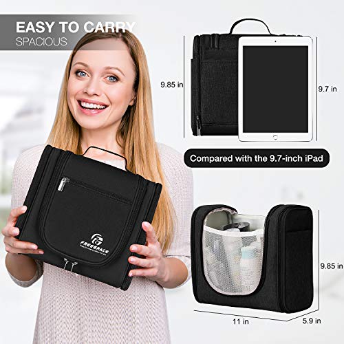 Freegrace Extra Large Hanging Toiletry Bag for Men and Women - Water-Resistant Nylon Travel Bathroom Organizer for Cosmetics, Makeup, and Toiletries - color: Snow Black