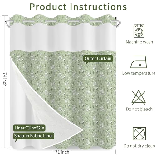 Boho Floral No Hook Shower Curtain with Snap in Liner Set 71x74 in | Sage Green Rose Girly Coquette Decorative Waterproof Fabric Shower Curtain for College Dorm Hotel Apartment Bathroom Bathtub - color: Mint Floral Vine