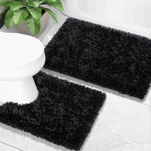 Yimobra Bathroom Rugs Sets 2 Piece, Soft Absorbent Bath Mat and U-Shaped Toilet Rug with Non Slip Backing, Luxury Shaggy Bath Mats for Bathroom, Machine Washable, 31.5"x20"+24"x20", Black - color: Black, size: 31.5x20 + 24x20 Inch