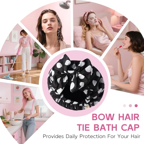 Years Calm Extra Large Shower Cap for Long Thick Hair – Waterproof Double Layer Bath Cap with Satin Lining, Secure Elastic Fit for Braids, Curls & Extensions - color: Black Polka Dots