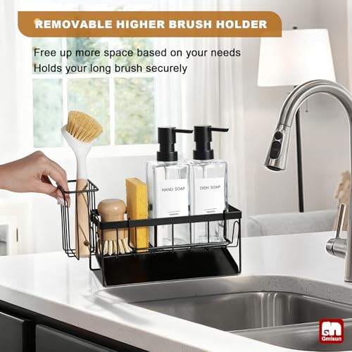 GMISUN Kitchen Soap Dispenser Set, 12 fl oz / 350 ml Dish Soap Dispensers with Sponge Holder, Customized Clear Glass Dish soap Dispenser for Kitchen, Modern Soap Dispensers Set Removable - color: Clear Bottle + Black Rack