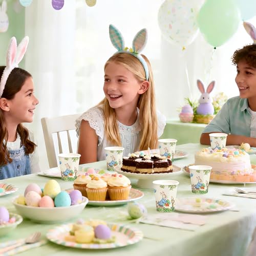 WRAPAHOLIC 3oz Easter Paper Cups - 100 Pack Disposable Bathroom Cups with Garden Hop Rabbit Design, Small Mouthwash Cup for Toothbrush Rinse, Bathroom, Easter, Baby Shower and Party - color: Easter - Green Garden Hop Rabbit