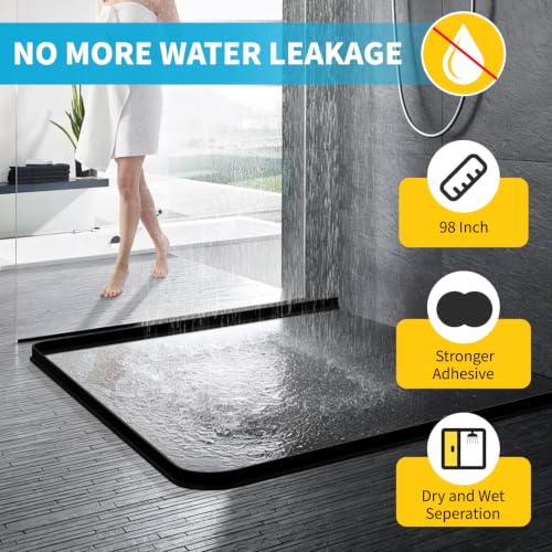 98" Collapsible Shower Threshold Water Dam Shower Water Stopper Barrier Keeps Water Inside Threshold Dry and Wet Separation Suitable for Bathroom Kitchen Sink Bathtub and More - color: Black, size: 98 Inch