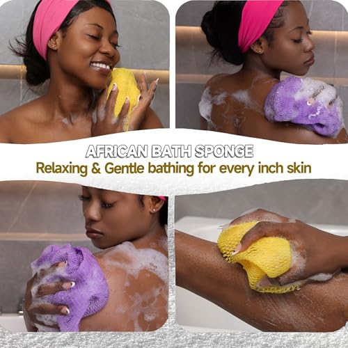 SubSahara Authentic African Net Sponge - 2 Pack Exfoliating Bath & Shower Loofah Sponge for Body & Face, Gentle Scrubber for All Skin Types, Travel, Durable (Lavender Purple & Bright Yellow) - color: Lavender Purple & Bright Yellow