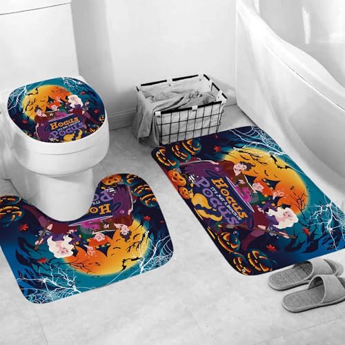 4Pcs Halloween Shower Curtain Set Hocus Pocus Witch Shower Curtain for Halloween Bathroom Decor with Anti-Slip Waterproof Bathtub Bathroom Rugs Toilet Lid Cover, 12 Hooks (Witch)