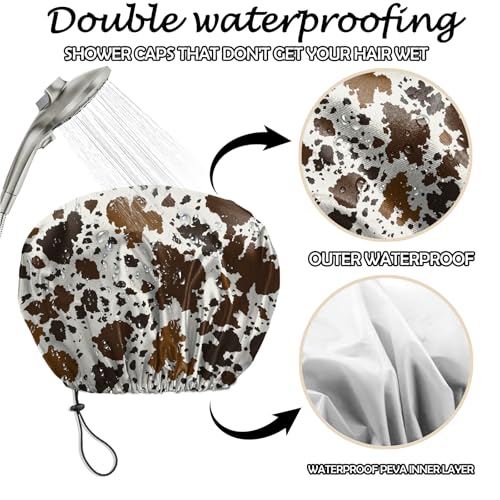 2 PCS Shower Cap Reusable Waterproof Adjustable Double Layer Elastic Dry Hair Bathing Caps Aesthetic Cute for Women Girls-Leaf Cowhide - color: H-17-Leaf Cowhide