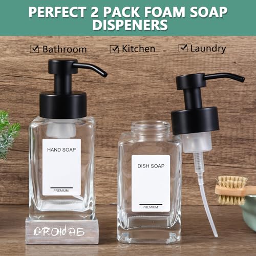 Foaming Soap Dispenser 2 Pack, 12oz/350ml Glass Foaming Hand Soap Dispenser Set with Stainless Steel Pump, Square Refillable Foam Pump Bottles for Bathroom&Kitchen,Includes 6 Labels - color: Clear