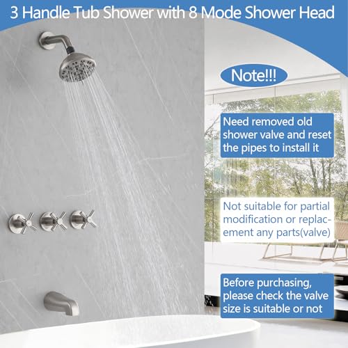 3 Handles Shower Faucet Set with Tub Spout Bathtub Shower Faucets Combo Set Shower System Complete Tub and Shower Trim Kit Shower Fixtures Brushed Nickel - color: Brushed Nickel, style: 3 Handles