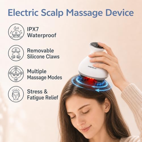 Electric Cordless Hair Scalp Massager for Hair Growth, Handheld Hair Kneading Scrubber with Red Light, Deep Clean Scalp Scrubber, Portable Head Scratcher for Stress Relax, Gifts for Parents