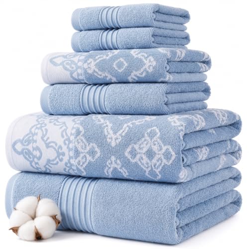 Modern Threads Charlize 6-Piece 100% Cotton Towel Set – Reversible Yarn Dyed Jacquard & Solid – Includes 2 Bath Towels, 2 Hand Towels, 2 Washcloths – Absorbent, Quick Dry, Soft & Durable – Blue - color: Blue, style: Fancy Medallion