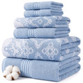 Modern Threads Charlize 6-Piece 100% Cotton Towel Set – Reversible Yarn Dyed Jacquard & Solid – Includes 2 Bath Towels, 2 Hand Towels, 2 Washcloths – Absorbent, Quick Dry, Soft & Durable – Blue - color: Blue, style: Fancy Medallion