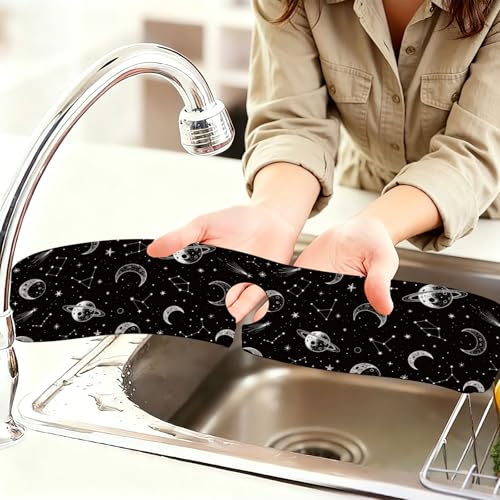 2 Pcs Kitchen Sink Splash Guard Faucet Mat Stars Moon Pattern Faucet Mat for Sinks Absorbing Drying Mats for Kitchen Bathroom - color: Stars Moon Pattern