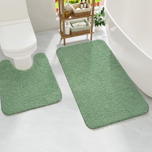 HOMORE Bathroom Rug Set 2 Piece,Soft Absorbent Bath Mats Set,Machine Washable Bath Rug Sets for Bathroom Non Slip,(21"x34"+21"x21") Plush Shaggy U Shape Contour Toilet,Sage Green - color: Sage Green