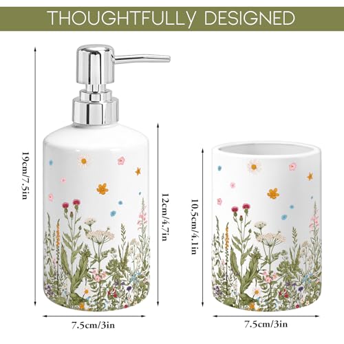 FYSUIMU Wildflower Bathroom Toothbrush Holder Set Green Vintage Floral Ceramic Soap Dispenser with Tooth Brush Organizer for Modern Bathroom Accessories Countertop Decor - color: Wildflower