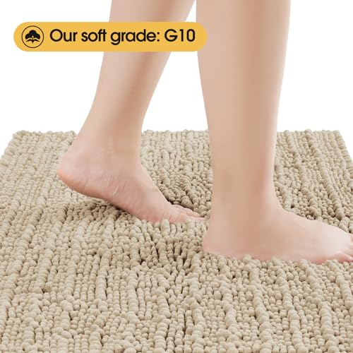 ACCUMTEK Upgrade Luxury 2 Piece Beige Toilet Bathroom Rug Mat U Shape 24"x20"+48"x20", Ultra Soft Thick Absorbent Bath Mats, Non Slip Chenille Toilet Mat for Bathroom, Bedroom, Kitchen, Shower, Tub - color: Beige, size: 48"x20" and 24"x20"