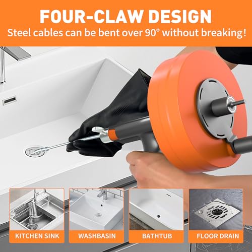 BACOENG 50Ft Drain Auger, Heavy Duty Plumbing Snake with Drill Adapter, Use Manually or Powered for Drain Clog, Shower Sink, Comes with Gloves and Bag (Orange) - color: Orange-50FT
