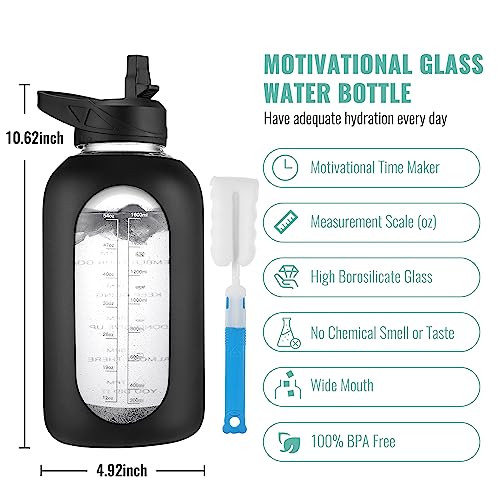 CIVAGO 64 oz Glass Water Bottle Jug with Straw and Handle, Half Gallon Sports Motivational Bottle with Time Marker and 2 Lids, Flask Canteen with Silicone Sleeve for Gym, Sage - color: .Sage, size: 64 Ounces