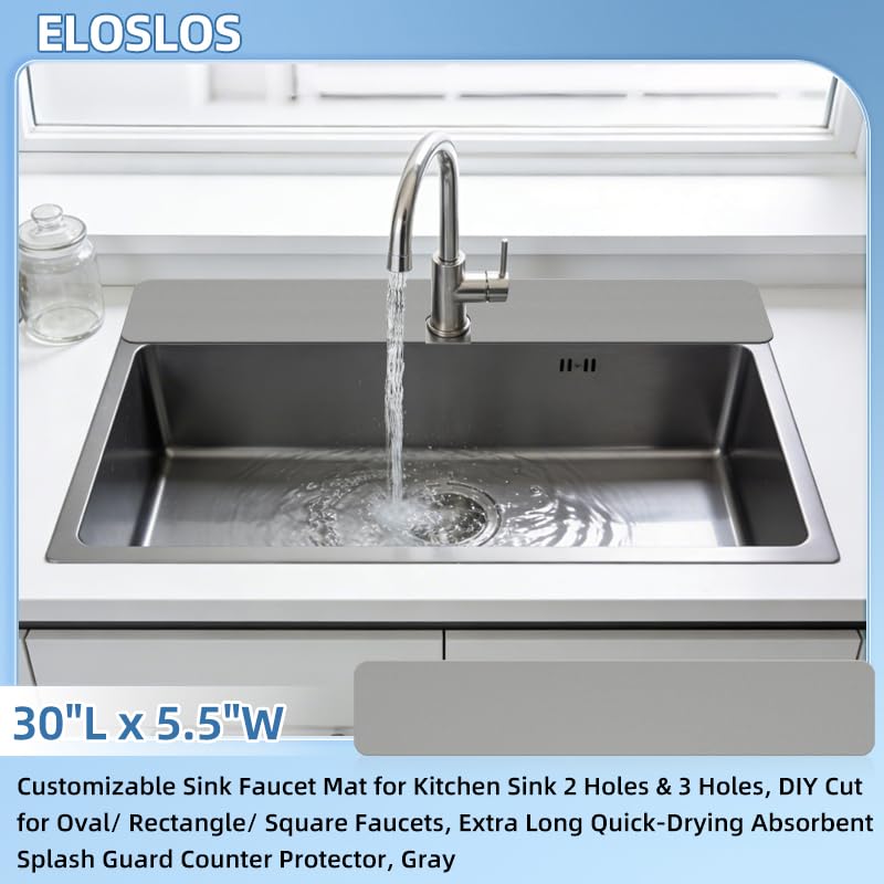 30"L x 5.5"W Customizable Sink Faucet Mat for Kitchen Sink 2 Holes & 3 Holes, DIY Cut for Oval/Rectangle/Square Faucets, Extra Long Quick-Drying Absorbent Splash Guard Counter Protector, Gray - style: 1 Pcs Gray