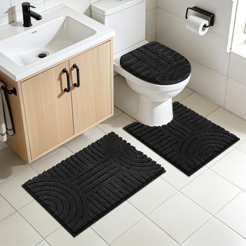 SHACOS Bathroom Rugs Sets 5 Piece Ultra Soft Absorbent Microfiber | Bath Mat with Bath Runner, U Shape Contour Rug, Toilet Lid Cover, Non Slip Machine Washable Carpet for Bedroom, Black - color: Black