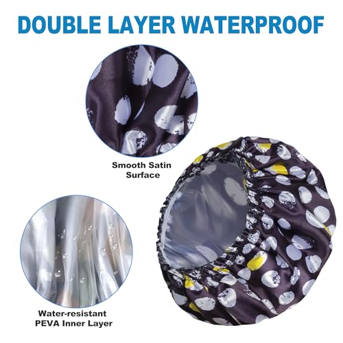 Shower Cap for Women Set of 4, Bath Caps, Double Layers Hair Caps + 2 Satin Hair Scrunchies, Reusable Waterproof Shower Caps, Elastic Hair Cap for Shower - Pattern A - color: Pattern A