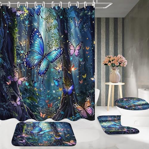 DDQQ 4 Pcs Blue Butterfly Shower Curtain Set with Non-Slip Rug, Green Plant Colorful Butterflies Bath Mat and Toilet Rugs, Forest Shower Curtain for Bathroom Set Decor - color: Dark Blue