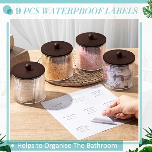Yaomiao 6 Pcs Ribbed Bathroom Canisters Apothecary Jars with Brown Bamboo Lids and Label Stickers, 18 oz Plastic Canister with Fluted Design for Cotton Ball, Swab, Floss Picks House Storage - color: Brown