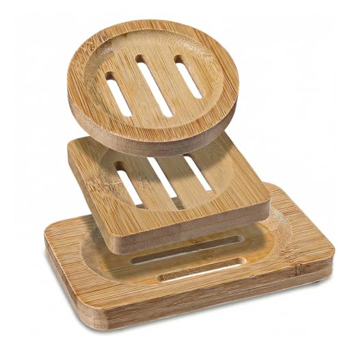 3Pcs Bamboo Soap Dish Holders, Eco-Friendly Drainable Soap Savers for Shower, Bathroom, Kitchen Sink