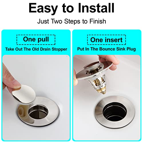 Universal Bathroom Sink Stopper - Bounce Wash Basin Drain Filter, Brushed Nickel Pop Up Drain Stopper, Bullet Core Push Type Sink Stopper, Sink Drain Plug with Anti-Clogging Strainer, for 1.1-1.5 inch - color: Brushed Nickel, style: Small Cover