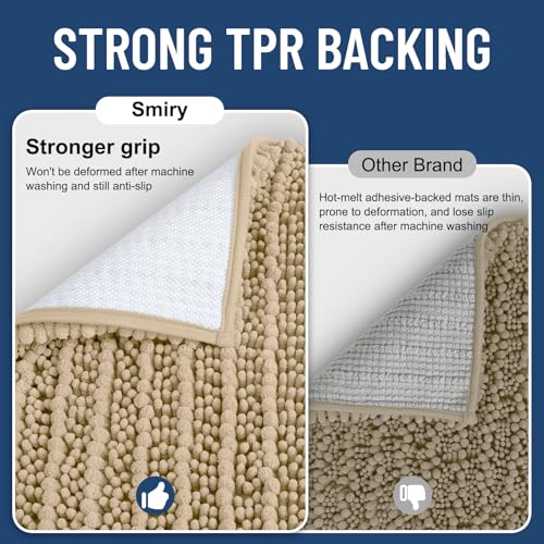 Smiry Bathroom Rugs Sets 2 Piece, Soft Absorbent, Non Slip Rubber Backing Machine Washable Quick Dry Chenille Bath Rug Set for Tub, Shower, and Floor (47" x 20" Plus 24" x 16", Beige)