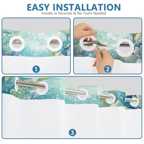 Ocean Theme No Hook Shower Curtain with Snap in Liner, Double-Layer Waterproof Shower Curtains with Mesh Top Window and Weighted Hem, Starfish Coastal Shower Curtain for Bathroom Decor, 71x74 Inches - color: Dreamy Starfish