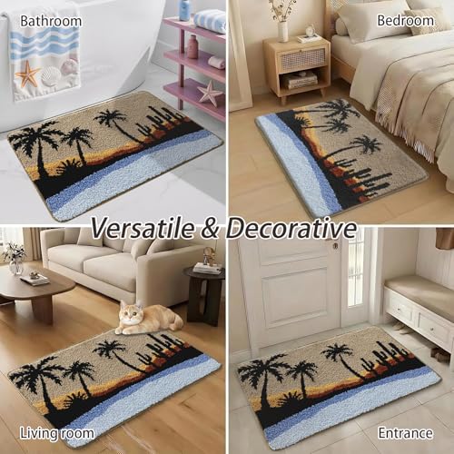 Bathroom Rug Mat, Beach Sunset Fluffy Rug with Palm Tree & Cactus Silhouette, Ultra Absorbent Microfiber Shaggy Door Mat, Quick Dry Bath Rug Carpet for Toilet Bathtub Bedroom 20x31 Inch - color: Blue