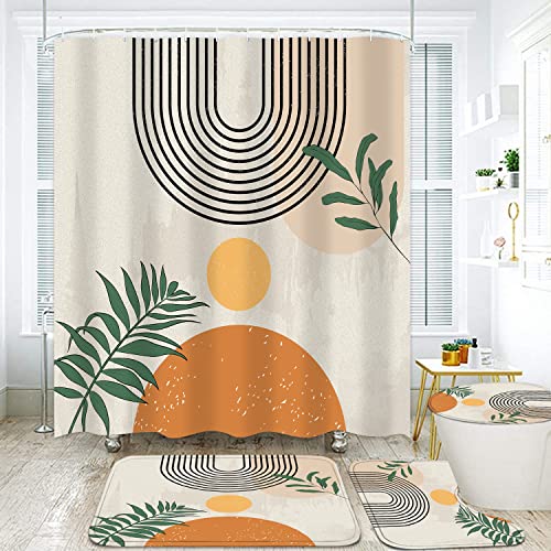 LQCOOL Mid Century Shower Curtain Set Boho Shower Curtain Set with Rugs,Abstract Bathroom Decor Accessories Waterproof Shower Curtain for Bathroom with Mat Retro Orange - color: Beige