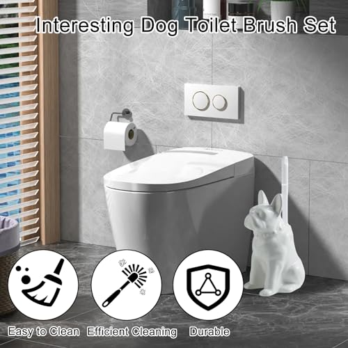 Comeon Ceramic Dog White/Black Toilet Brush and Holder Set, Plastic Handled Scrub Brush for Bathroom Cleaning,13.7"*6.3" (White) - color: White, size: Dog