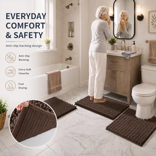 Yimobra Brown Bathroom Rug Set 3 Piece - Super Absorbent Quick Dry Chenille Bath Mats & Toilet Rug, Non Slip Machine Washable, Extra Thick Shaggy Floor Mat for Shower Tub Sink - color: Brown, size: 24"x20" + 30"x20"+ 44"x24"