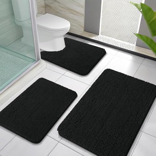 OLANLY Bathroom Rugs Sets 3 Piece, Soft Absorbent Chenille Bath Mats and U-Shaped Contour Toilet Rug, Quick Dry, Home Decor Accessories, Bath Mat Set for Bathroom (30"x20"+24"x16"+24"x20", Black) - color: Black, size: 30" X 20" + 24" X 16" + U24" X 20"