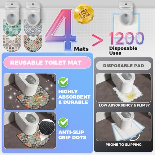 Washable Commode Potty Training Mats, Super Absorbent Reusable Toilet Training Rug for Kids, Leak-Proof & Non-Slip Adult Incontinence Toilet Mat, Bathroom Floor Protector Pads 4 Pack - color: Turkish Tile