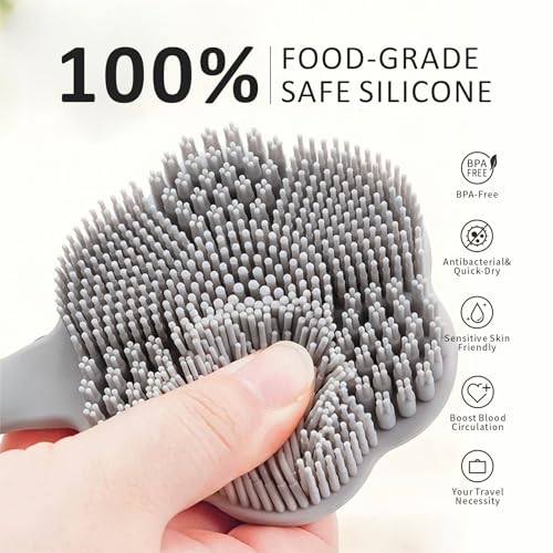 Back Body Scrubber & Face Scrubber for Shower - 15 Inch Long Handle Double Sided Silicone Body Brush for Exfoliation & Massage, Soft Facial Cleansing Brush, Rich Lathering for Deep Cleansing (Gray) - color: Gray