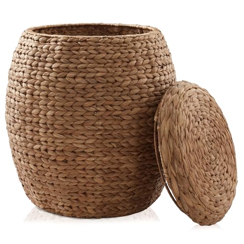 Casafield Round Storage Basket with Lid - Cinnamon, Handwoven Water Hyacinth Organizer for Laundry, Blankets, Plants, Bedroom, Living Room, Office - color: Cinnamon
