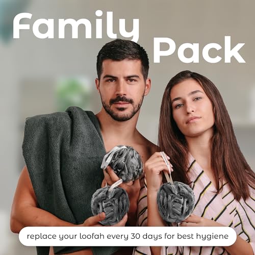 MainBasics Shower Loofah Sponge Pouf, Set of 3, Charcoal Infused | Soft Mesh Body Scrubber and Bath Sponge for Gentle Exfoliation, Rich Lather, and Everyday Shower Use - style: Charcoal