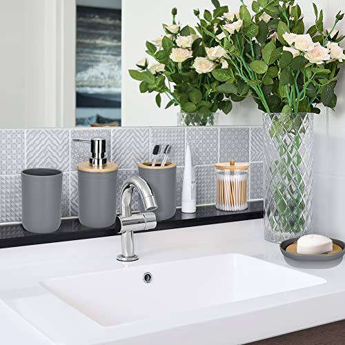 Otostar Grey Bathroom Accessories Set Bamboo Bathroom Set with Qtip Holder Soap Dispenser Toothbrush Holder Tumbler Soap Dish Toilet Brush Holder Trash Can Plastic Bath Set Housewarming Gift (Grey) - style: A-Grey Bamboo Cover Set