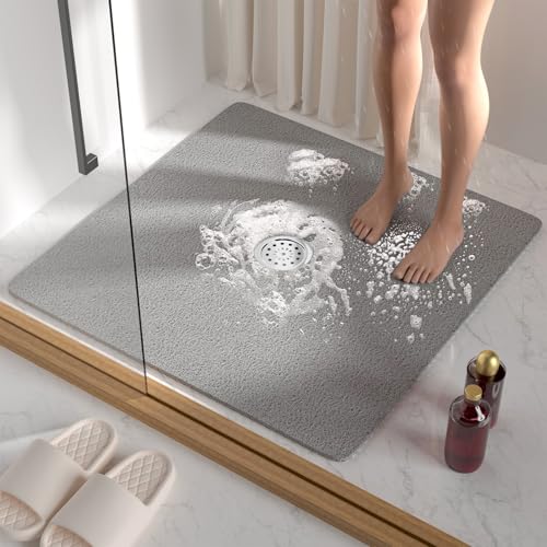 HITSLAM Square Shower Mat, 27 x 27 Inch Non Slip Bath Mat for Tub, Soft PVC Loofah Bathtub Mats with Drain Holes, Quick Drying Bathroom Stall Floor Mat, Bathroom Accessories Without Suction Cup, Grey - color: Grey, size: 27" x 27" (Square)