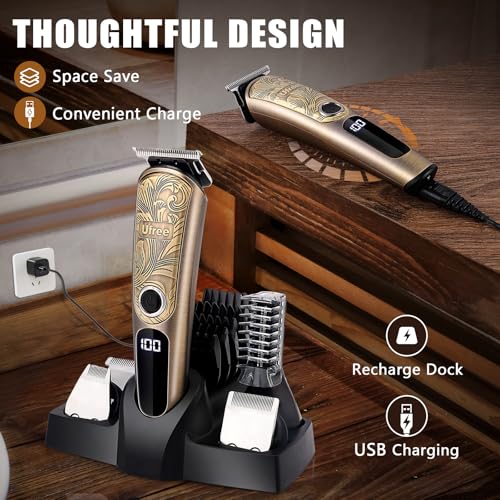 Ufree Gifts for Men, Beard Trimmer with Charging Stand, IPX7 Waterproof Electric Razor Shavers for Men, Clippers for Hair Cutting, Mens Grooming Kit for Mustache Nose Facial Body - color: Gold