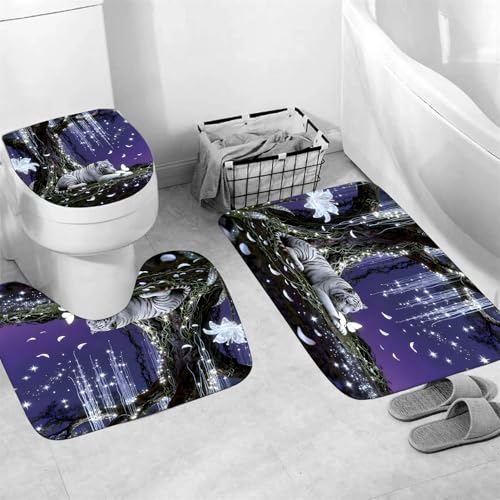 4 Piece Purple and White Shower Curtain Set with Rugs, Dreamy White Tiger & Butterfly Under Glowing Tree, Fantasy Aesthetic Waterproof Fabric Bathroom Decor, Non-Slip Mats & Toilet Lid Cover - color: Purple