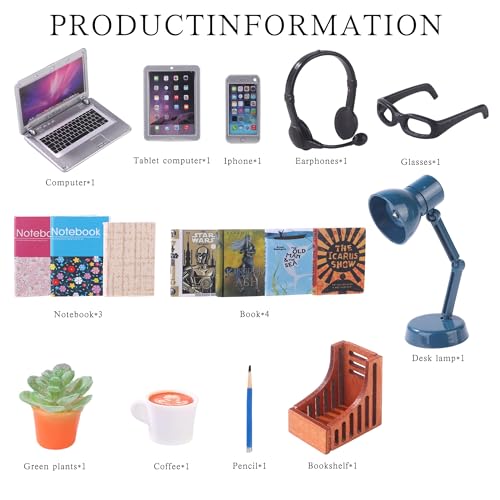 DIYDEC 17pcs Dollhouse Laptop Accessories 1:12 Scale Miniature Laptop Computer Tablet Phone Book Coffee Headset Pen Tiny Stuff Doll House Miniatures Play Figurines Accessories - color: Dollhouse Laptop Set